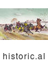 Historical Illustration of a Man, Woman and Senior Man Racing Horses down a Street in Winter by JVPD