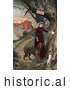 Historical Illustration of a Woman in Horseback Riding Clothes, Putting a Note in a Tree, Her Dogs Beside Her and Horse and Mill in the Background by JVPD