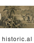 Historical Illustration of Christopher Columbus and His Crew Men Hiding Behind Bushes Under a Palm Tree and Watching Indigenous Native Men Playing What Appears to Be Baseball upon the First Landing in the New World at San Salvador by JVPD