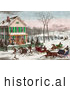 Historical Illustration of Four Horse Drawn Sleighs Racing down a Street in Front of a Home While People Watch or Ice Skate in the Background by JVPD
