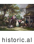Historical Illustration of Horses, Pigs, and a Dog with People and a Cart in Front of a Tavern by JVPD