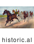 Historical Illustration of Men Racing Horses with Dust Rising on the Track by JVPD