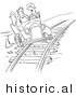 Historical Vector Cartoon of Late Employees Taking a Shortcut on the Railroad Tracks with an Old Car - Black and White Outlined Version by JVPD