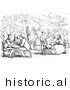 Historical Vector Illustration of a Crowd of People at a Garden Cafe - Black and White Version by Picsburg