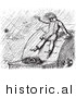 Historical Vector Illustration of a Man Taking Cover While on a River Boat in a Heavy Rain Storm - Black and White Version by Picsburg