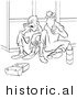 Historical Vector Illustration of Two Cartoon Workers Eating Lunch Together - Black and White Outlined Version by Picsburg